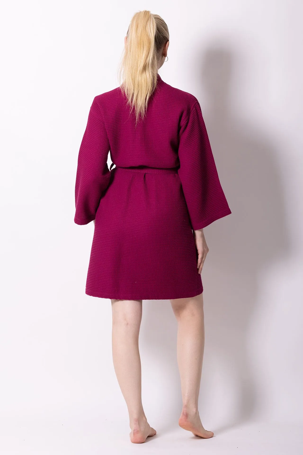 Women's Waffle Kimono Bathrobe, Stylish Knee Length Robe, Luxury Cotton Turkish & Comfort, (Wine Red)